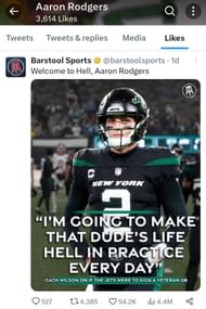 Aaron Rodgers liked Barstool Sports' tweet about Zach Wilson's quote for the new Jets quarterback.